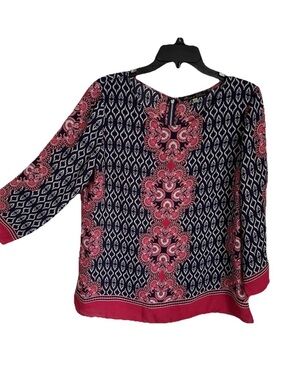 Rose & Olive Womens L Pink Navy Geometric Long Sleeve Top Boho Career Flowy